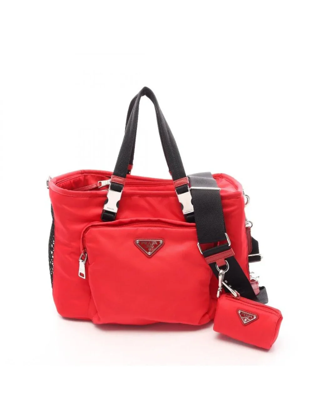 Prada Handbag Re-Nylon Pet Bag 2-Way Red Black Nylon Saffiano Leather